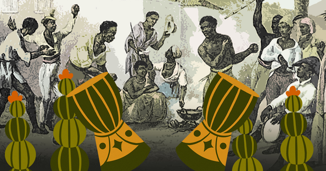 La ilustración muestra a un grupo de personas africanas o afrodescendientes en una celebración situada en siglos pasados. Sobreimpresionados aparecen dibujos actuales de tambores y cactus.